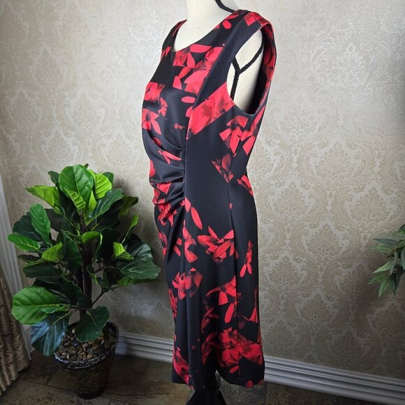 Karl Lagerfeld Sz 14 Black Red Floral Print Sheath Dress Sleeveless Ruched Front - Picture 5 of 14